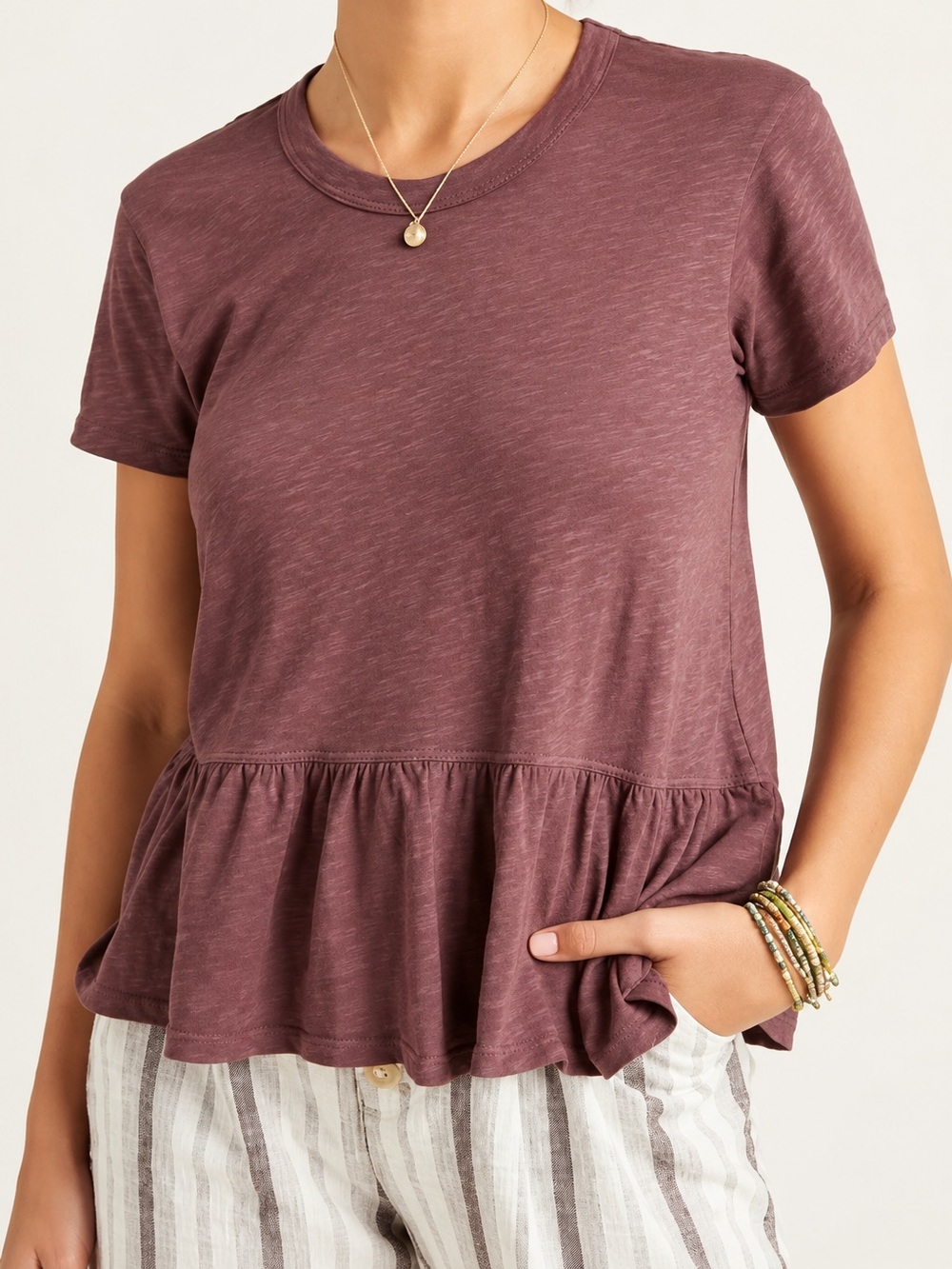 Anthropologie Left of Center Plum Peplum Knit Top Cotton Casual Preppy Size XS